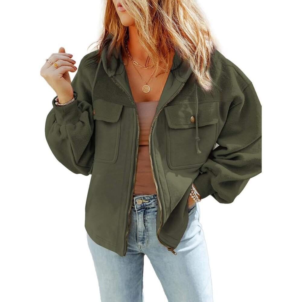 Jackets for Women Casual Long Sleeve Drawstring Fuzzy Sherpa Hooded Zip Up Jacke